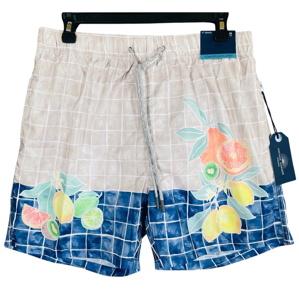 Vintage Summer Mens M Swim Trunks Citrus Tile Print Compression Liner 17" NWT